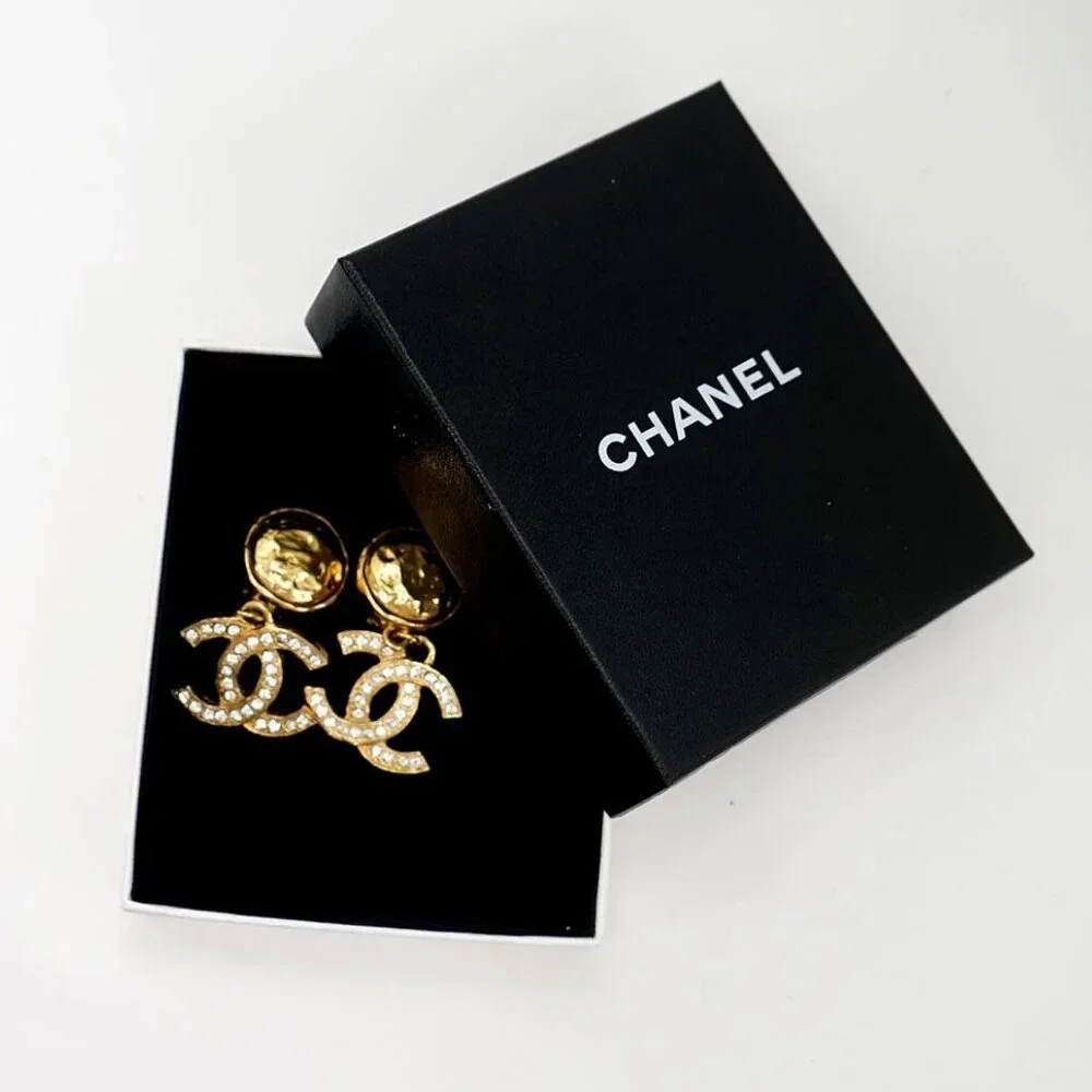 CHANEL CC Logos Rhinestone Round Drop Earrings Gold Tone Auth w/Box #22400 - Picture 6 of 6